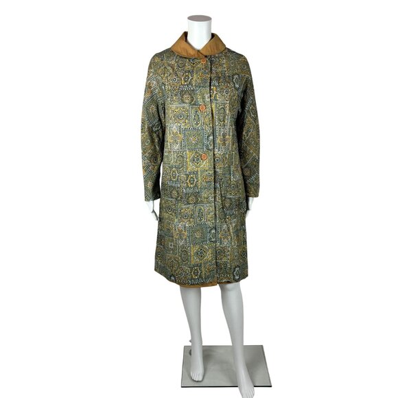 Vintage 70s Reversible Coat Women's Medium Paisley Print Gray Tan Trench - Picture 1 of 16